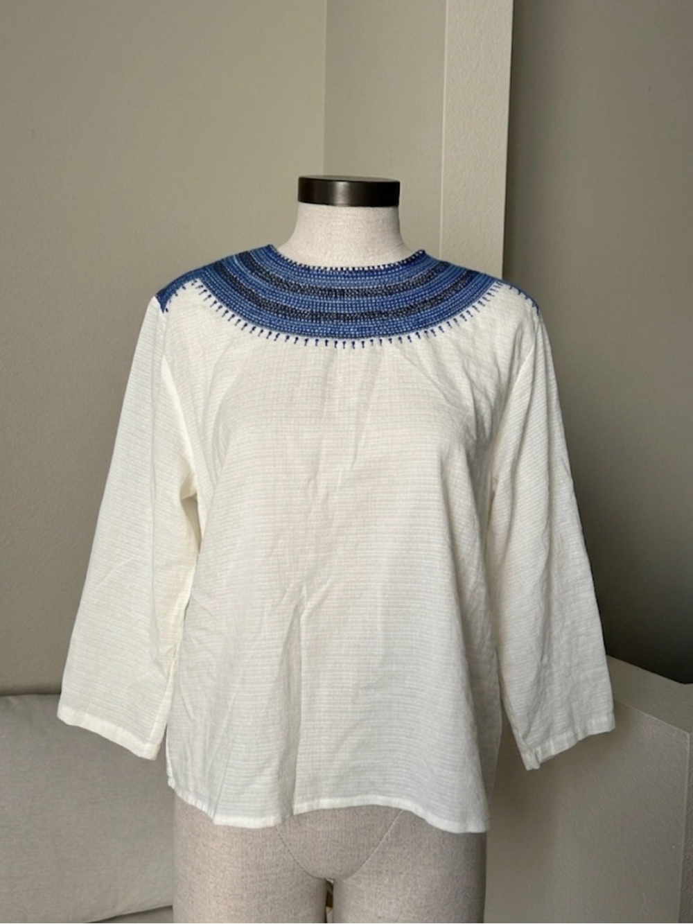 THE GREAT. White Long Sleeve Top with Blue Embroidered Yoke